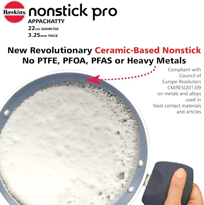 Hawkins Nonstick Pro 0.9 Litre Appachatty, Mini Kadhai, Appachatti, Appachetty, Appam Pot Maker, Deep Fry Pan with Glass Lid, Granite Kadai