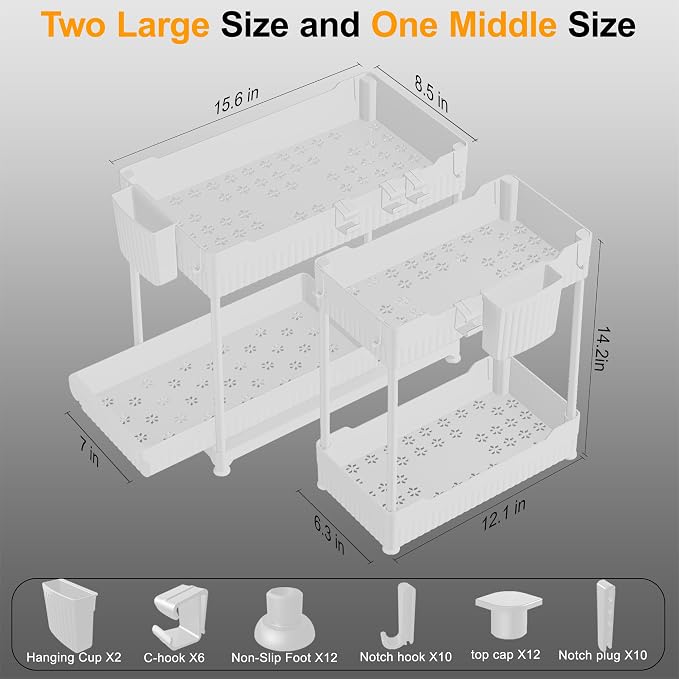 3-Pack 2-Tier Under Sink Organizers with Sliding Drawers | Multi-use kitchen & bathroom storage, 12.8 inch white cabinet organizer, space-saving sliding drawer design.