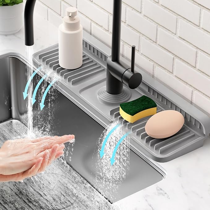 17.7'' Faucet Mat for Kitchen Sink Splash Guard[7° Slope Fast Self-draining][Snap Lock Fit] Folding Kitchen Sink Faucet Mat Splash Guard Kitchen Sink Area Water Splash Guard Behind Faucet Draining Mat
