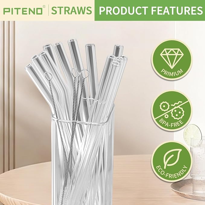 Piteno® 12Pcs Glass Straws with 4Pcs Brushes, Reusable Clear Glass Drinking Straws, 8.5''x10MM, Set of 6 Straight and 6 Bent with 4 Cleaning Brushes, Perfect for Smoothies, Milkshakes, Juice, Tea