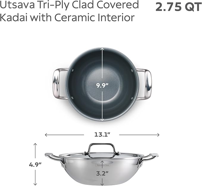 Tramontina Utsava Tri-Ply Clad Stainless Steel 2.75-Quart Kadai with Lid | Ceramic Non Stick Interior, Induction-Ready Kadhai Pot for Indian Cooking