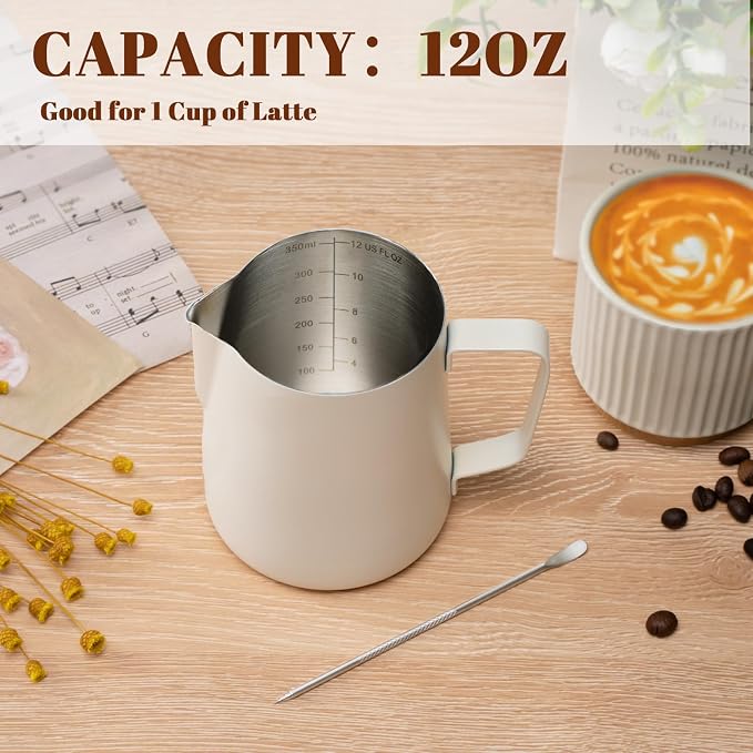Amrules Milk Frothing Pitcher 12oz Frother Cup Barista Tools, White | 18/8 Stainless Steel, 12oz Capacity with Clear Scale, with Decorating Pen, Ergonomic Handle, for Cappuccino, Latte & Espresso