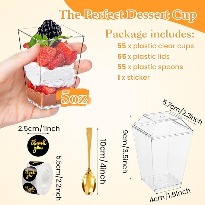 165 Pcs 5oz Clear Plastic Dessert Cups with Lids & Spoons – BPA-Free Mini Parfait & Pudding Cups, Disposable or Reusable Appetizer Containers