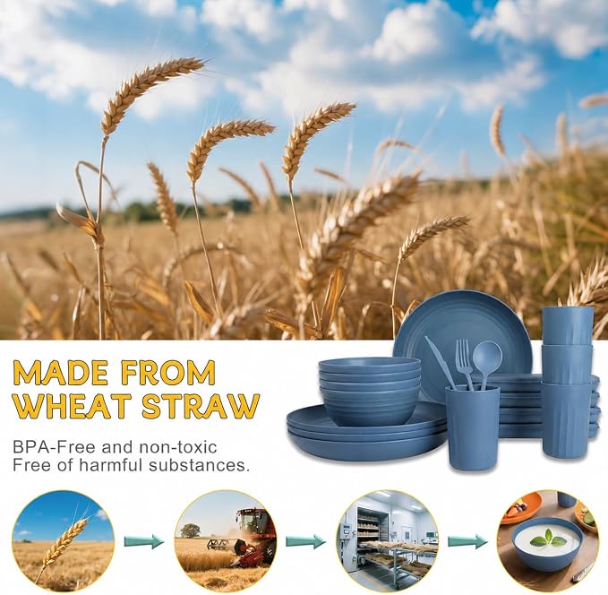 28-Piece Wheat Straw Dinnerware Sets, Microwave & Dishwasher Safe Unbreakable Dinnerware Set, Reusable Dishware Sets, Lightweight Camping Dishes, Plates, Cups, Cereal Bowls for 4 (Navy Blue)