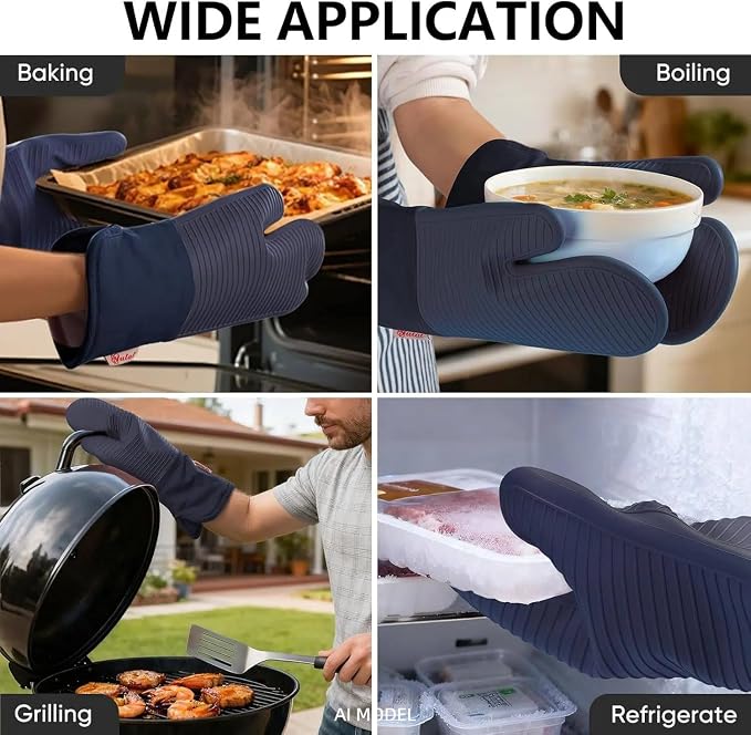 YUTAT Silicone Oven Mitts,High Heat Resistant Up to 500 Degrees,Waterproof Cooking Gloves with Soft Polyester Filling,Kitchen Potholder Set - Perfect for BBQ,Baking and Cooking,2 Pcs Set(Deep Blue)
