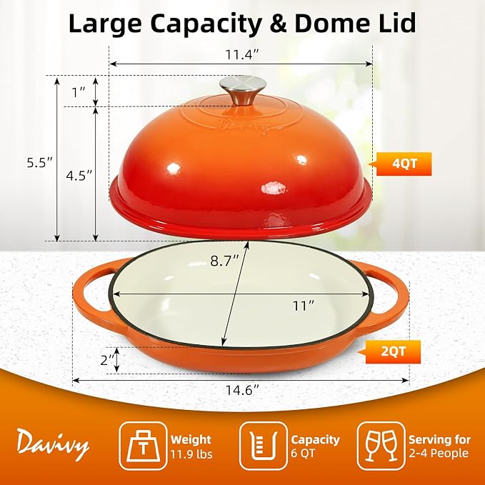 Davivy 11" x 8.7" Oval Bread Oven with Domed Lid, Enameled Oval Dutch Oven Pot for Sourdough Bread Baking 6QT, Non-stick Cast Iron Sourdough Pan Bread Cloche with Lid - Flame Orange