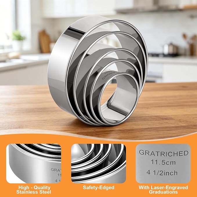 5 Pcs Stainless steel Cookie Cutters Set, Graduated Round Biscuit Cutter Used for Making Sandwich, Cake, Fried Egg, Doughnut, Dumpling Wrapper - Professional Baking Dough Tools