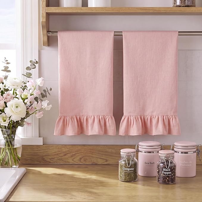 HunnmingRe Light Pink Kitchen Towels Set of 2, 100% Cotton Retro Ruffled Dish Towels 18"x28" Absorbent Tea Cloths for Farmhouse Charm, Drying Dishes, Entertaining Guests
