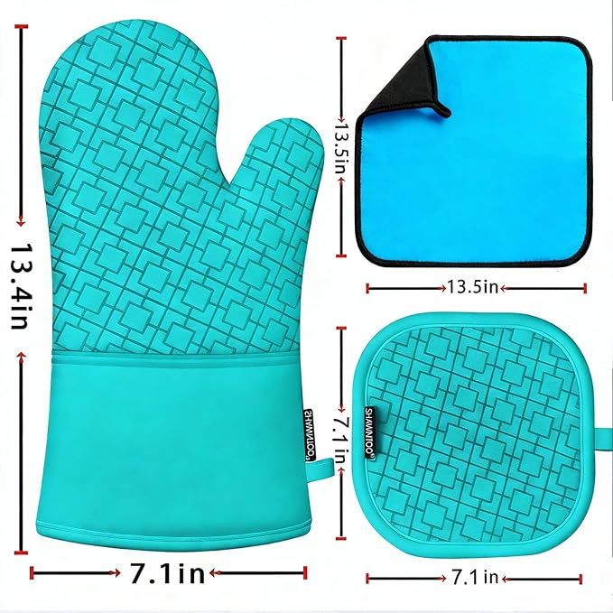 Oven Mitts and Pot Holders Sets 6pcs, Kitchen Oven Glove,High Heat Resistant 550 Degree Extra Long Oven Mitts and Potholders with Non-Slip Silicone Surface for Home Essentials (Grey) (Ice Blue)