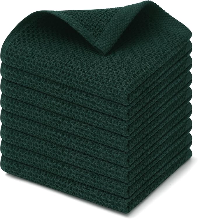 Kitinjoy Cotton Waffle 8-Pack Kitchen Towels, 12" x 12", Blackish Green | Ultra Absorbent, Super Soft, lightweight, Quick Drying Dish Rags for Washing Dishes