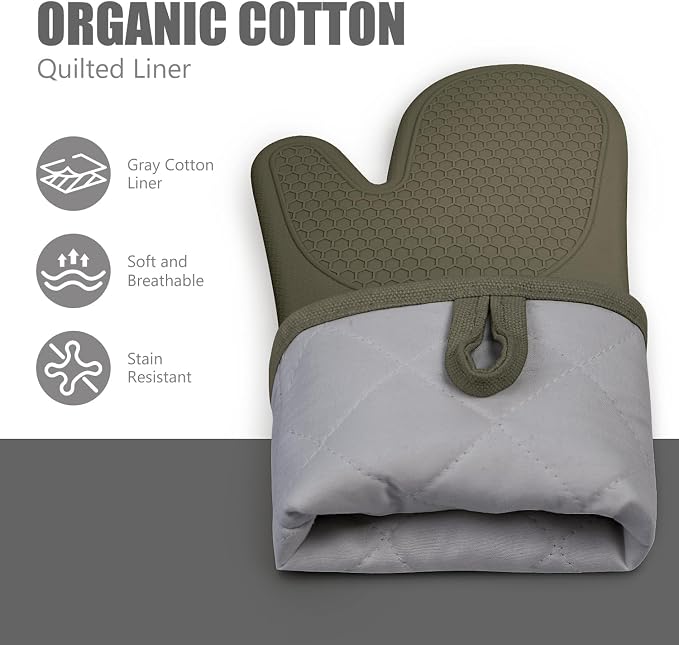 RORECAY Silicone Oven Mitts and Pot Holders Sets, Gloves for Kitchen, Olive | Set of 6 Kitchen Mitts for Baking & Cooking, Heat Resistant 500 ℉, 12.7" Extra Long, Non-Slip & Waterproof, Quilted Cotton