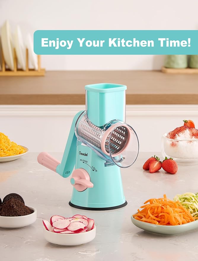 Geedel Rotary Cheese Grater Hand Crank, Cheese Shredder Vegetable Slicer | 5 Blades, 430 Stainless Steel, 12x Fast Cutting, Strong Suction Base, No BPA, Dishwasher Safe, for Cheese, Veggie, Nut