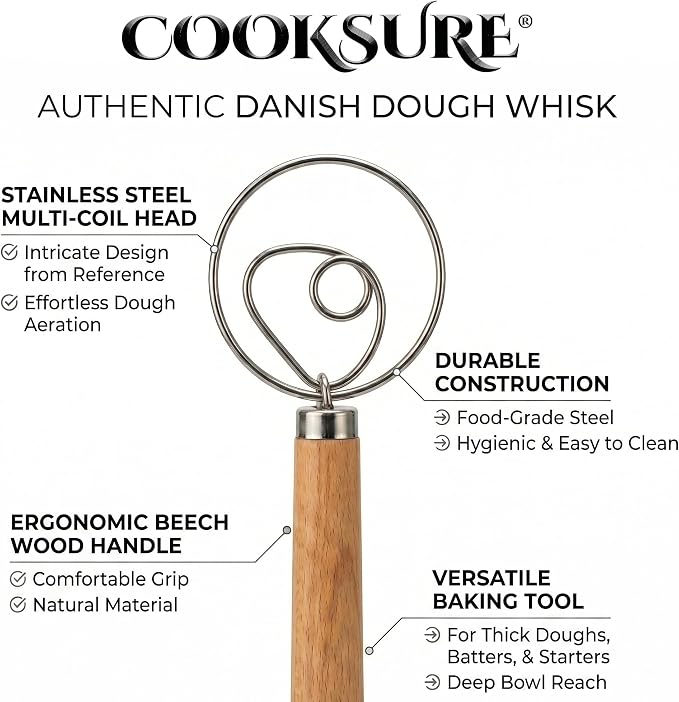 Danish Dough Whisk for Sourdough Bread – 13 Inch Bread Whisk with Wooden Handle – 304 Stainless Steel Hook for Heavy Dough Baking, Swedish Dough Whisk Tool