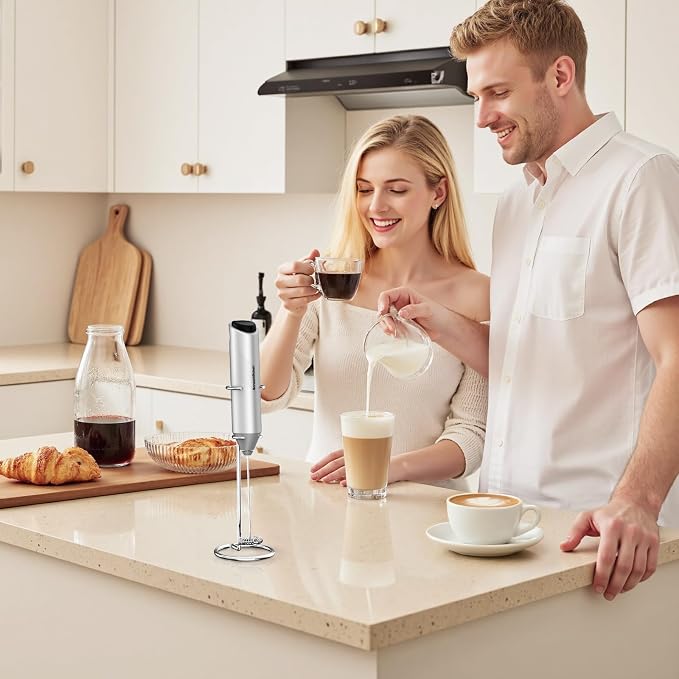 Bonsenkitchen Milk Frother with Stand for Coffee, Battery Operated Frother | Fast Handheld Drink Mixer with Stainless Steel Whisk, Powerful Hand Frother, Creates Rich Foam, Silver