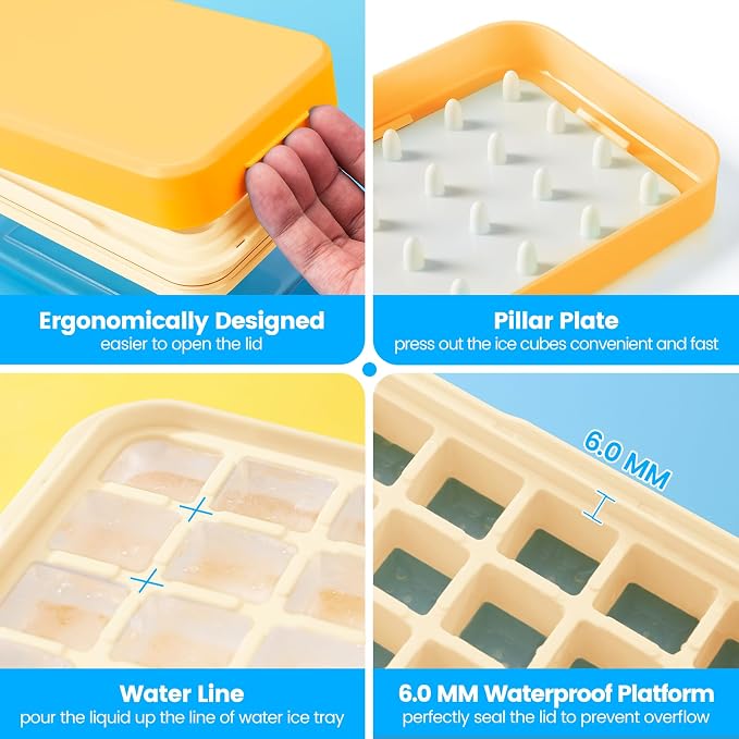 Ice Cube Tray with Lid and Bin, Easy Release 56 Cubes for Freezer | Food-grade BPA-free PP and ABS. Ice cubes for fruit, cocktails, iced coffee. Space-saving stackable with scoop
