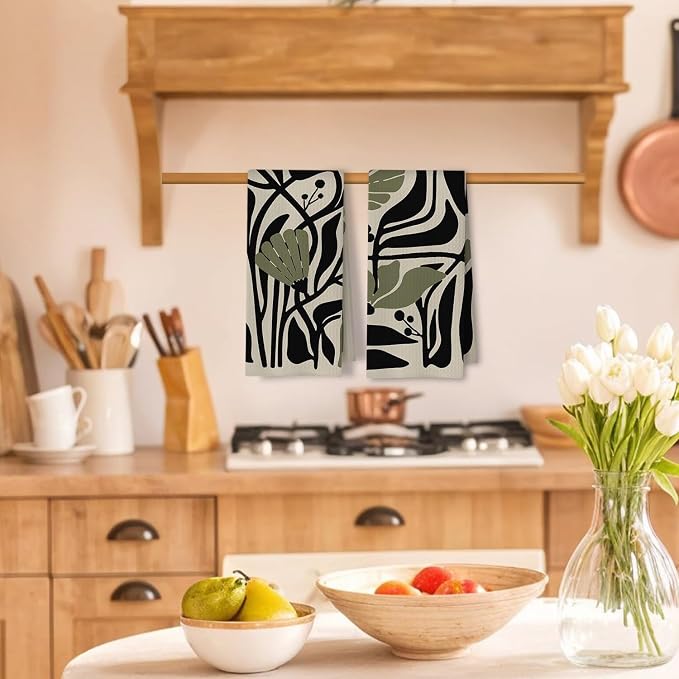 Abstract Dark sage Green and Black Boho Floral Kitchen Towels Set of 2, 70s Retro Groovy Botanical Dish Tea Towels for Kitchen Bathroom Decor, Mid Century Modern Hand Towels, 16x24 Inch