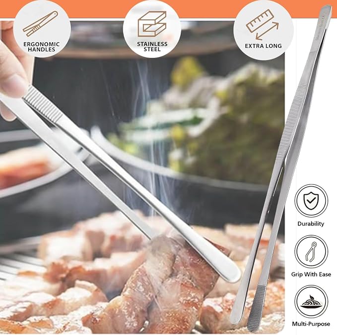 Professional Culinary Stainless Steel Precision Tongs With Serrated Tips - Plating/Food Presentation Detailing Serving - Chef's Kitchen Tweezer - Ultra Non-Slip Grip (12" Wide Jaws)