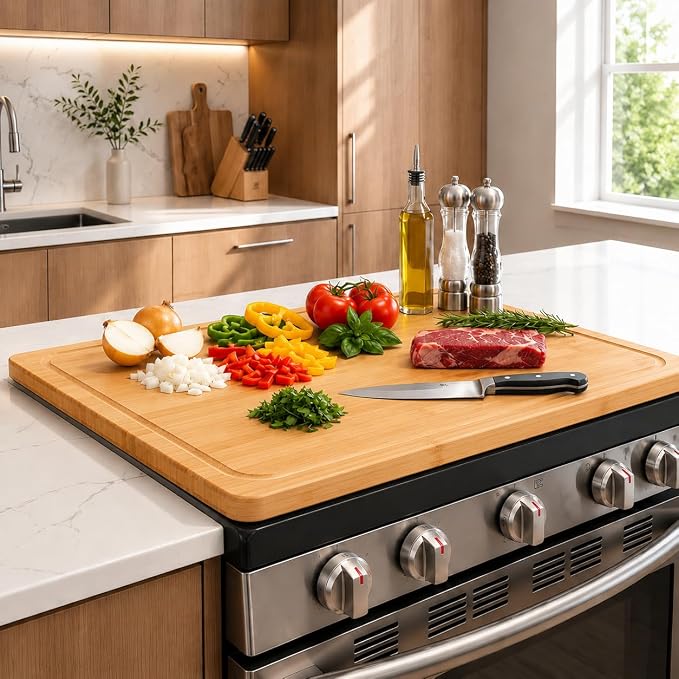 Bamboo Stovetop Cover for Electric Stove & Gas Range, 27.56 x 19.69 In, Lightweight Stove Top Cover with Built-In Handles, Juice Groove & Smooth Flat Surface for Extra Counter Space