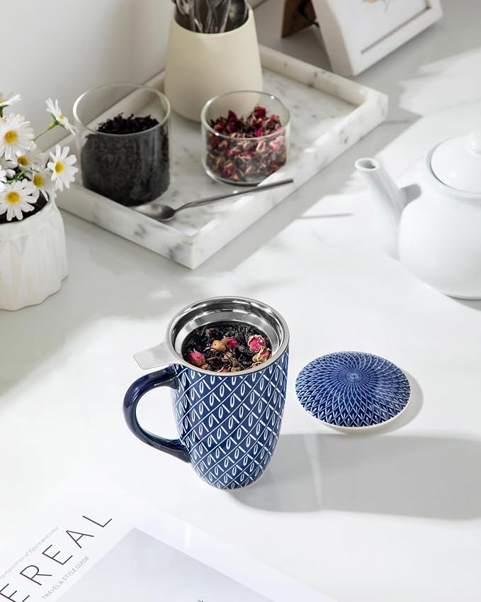 vancasso SELENE Porcelain Tea Mug, 18 oz Porcelain Tea Cup with Infuser and Lid Steeps Loose Leaf Tea, Microwave & Dishwasher Safe, Geometric Weave