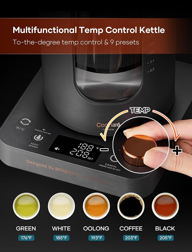 INTASTING Electric Tea Kettle with Infuser, 1℉ Temperature Control, 1 Liter | 1200W Fast Heating, BPA-Free Glass, Easy to Clean, Keep-warm, Auto shut-off, Dark Gray