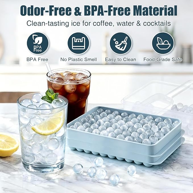 Mini Ice Cube Trays for Freezer with Lid, 0.55" Pebble Ice | 2 Trays-Blue, with Ice Box & Scoop. for Iced Coffee, Bottles, Juice & Everyday Drinks, Easy Twist Release, Stackable