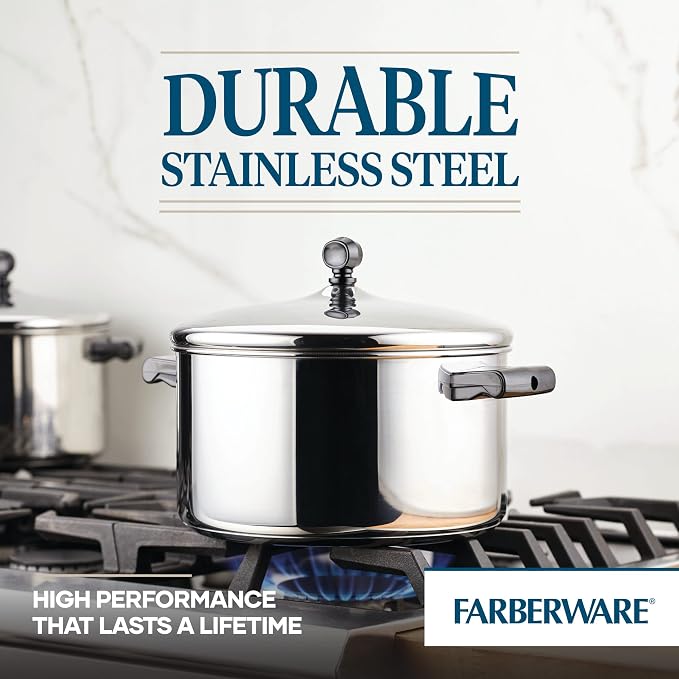 Farberware Classic Stainless Steel Stockpot with Lid, 6-Quart | Durable Stainless Steel Construction For Stocks, Soups And Boiling Pasta, Dishwasher Safe, Everyday Cooking
