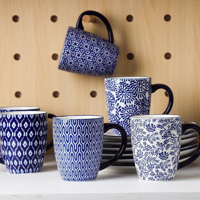 Selamica 16 oz Ceramic Coffee Mugs Set of 6, Ceramic Tea Cup with Handle, Dishwasher oven microwave safe, Vintage Blue