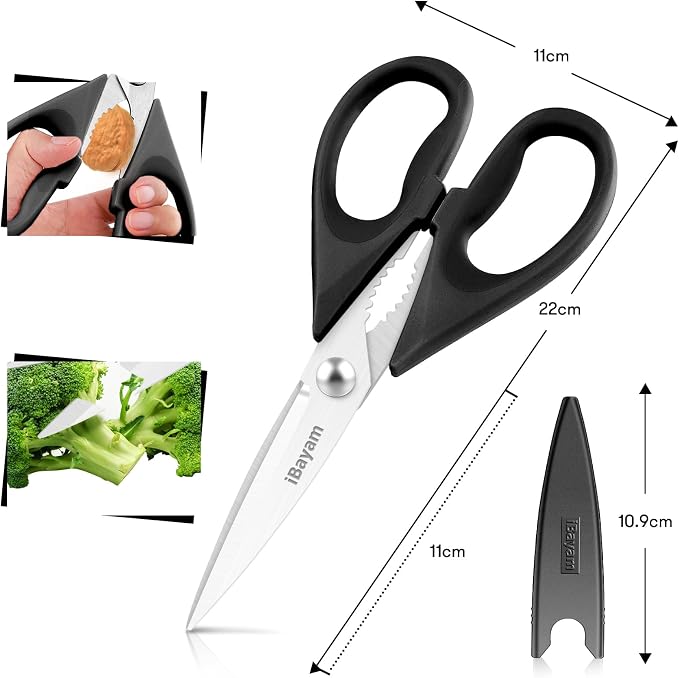 iBayam All Purpose Kitchen Shears with Protective Sheath, Black, 8.7 inch | Durable Stainless Steel Scissors, Dishwasher Safe, Soft Grip Comfort Handle, Built-In Bottle Opener