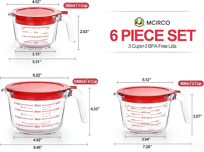 M MCIRCO 6 Pcs Glass Measuring Cups with Lids Set, 1-Cup, 2-Cup, 4-Cup Measuring Jugs with Handle, Nesting Liquid Measuring Cups for Kitchen