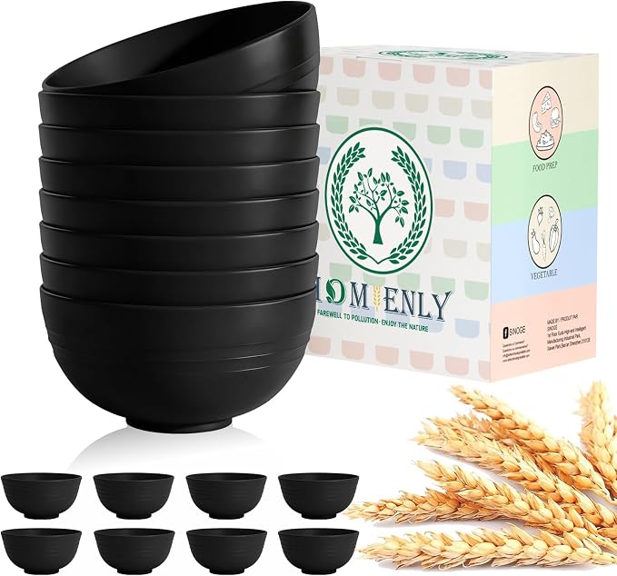 Cereal Bowl Set, Wheat Straw Bowls for Kitchen, Unbreakable Lightweight Bowl Set of 8, Microwave and Dishwasher Safe Bowls, Reusable Bowl for Serving, Cereal, Snack,Fruit(Black, 26 OZ)