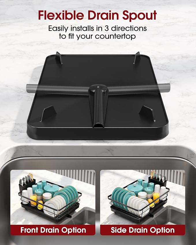 Sakugi Dish Drying Rack - Stainless Steel Dish Rack with Drainboard for Kitchen Counter and Sink, 15.6" D x 12" W x 5" H, Black