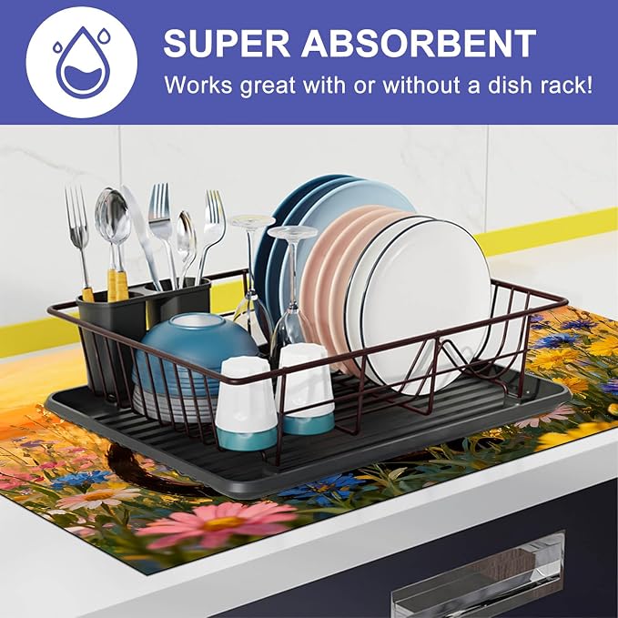 HOMETITUTE Spring Stove Top Covers for Electric Stove 28x20 Inches Black Cat Sunset Wildflower Heat Resistant Glass Cooktop Protector Pad Decorative Stovetop Cover Dish Drying Mats for Kitchen Decor