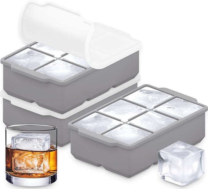 KitchFort® Large Silicone Ice Cube Tray (3-Pack) - 2" Big Ice Mold with Lid | Easy Release, Cocktail, Whiskey Ice Cubes Mold - Food Grade - Ice Cube Trays for Freezer - Stackable Silicone Ice Tray
