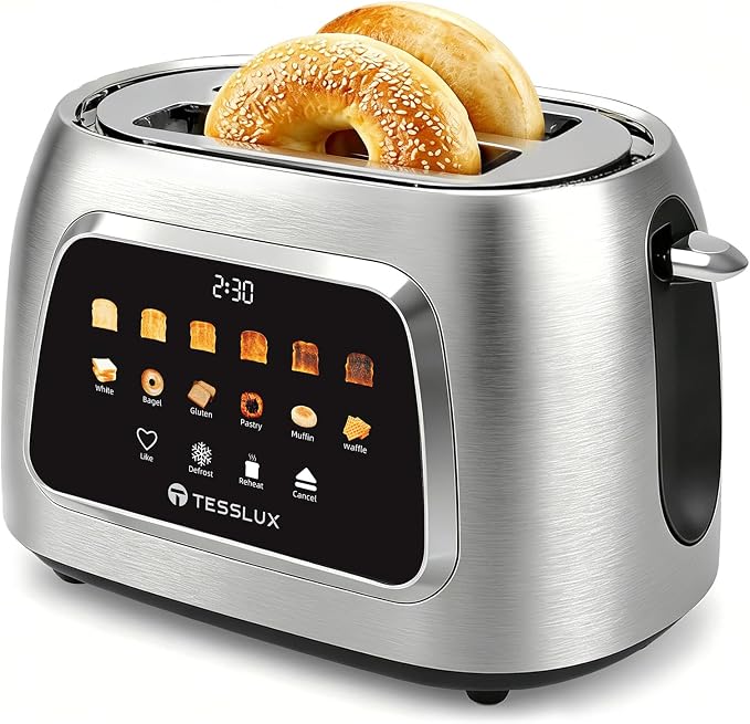 Tesslux Toaster 2 Slice, Extra Wide Slot, 800W, Touch Screen Panel, Silver | LED Countdown, 6 Bread Modes, 6 Browning Levels, Memory Button, Defrost, Reheat, Cancel, Crumb Tray, Brushed Stainless Steel