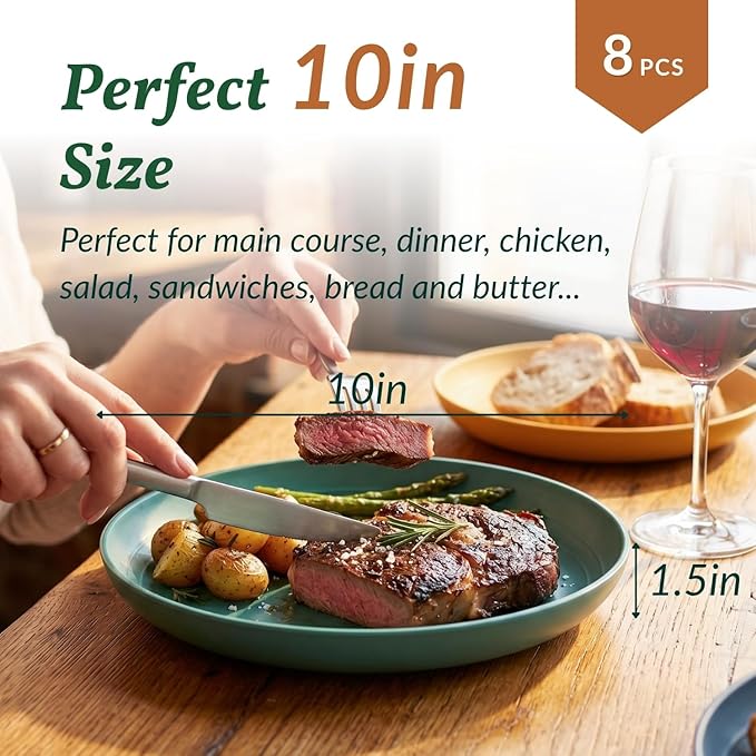 10 inch Wheat Straw Dinner Plates Set of 8 - Alternative to Plastic, Microwave & Dishwasher Safe, Unbreakable Kids Plates with 4 Colors (Classic Bright)