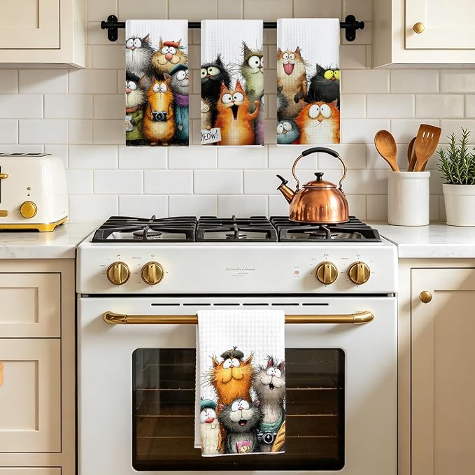 4 Pcs Cute Cat Kitchen Towels, Funny Cats Gifts Absorbent Hand Towels-08 | Cat Dish Cloths for Drying Dishes, Cats Waffle Dish Towels for Kitchen Home Bathroom Decor, Cat Lover Gifts for Women Mom