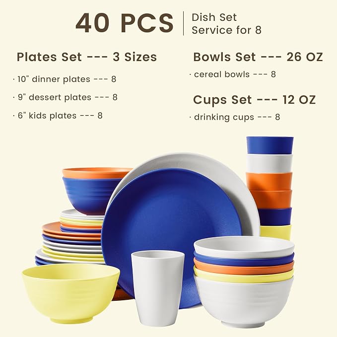 40-Piece Wheat Straw Dinnerware Sets, Unbreakable Reusable Dinnerware Set, Service for 8, Kitchen Cups Plates and Bowls Set, Dishwasher Microwave Safe Dishes Set for Camping, Party - Mondrian