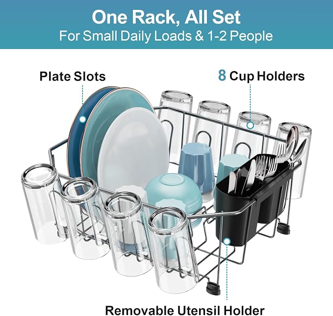 Small in Sink Dish Drying Rack - Stainless Steel for RV Kitchen | Compact Design for Apartments, Angled Corners Fit Square & Round Sinks, Utensil Holder, Cup Hooks, 1-2 Person, 11.6" x 13.4"