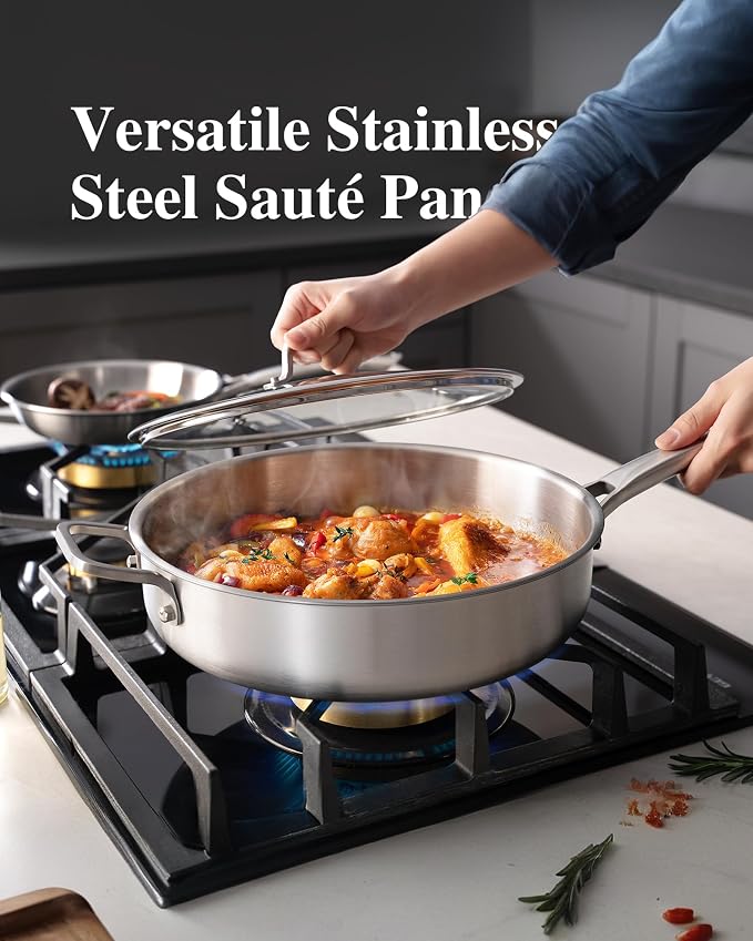 VocVoi Stainless Steel Pan with Lid, 6 QT Stainless Steel Saute Pan, 12 Inch Frying Pan, PFOA & PTFE Free, Tri-Ply Skillet, Stainless Steel Pot, Dishwasher & Oven Safe, Works on All Cooktops