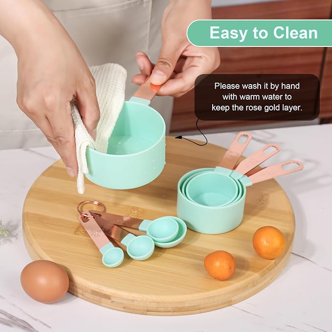 8-Piece Stackable Rose Gold Stainless Steel Handled Measuring Cups | and Spoons for Measuring Dry and Liquid Ingredients (Pink)