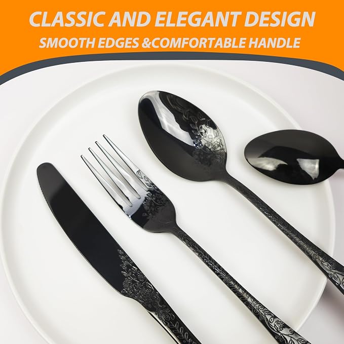 Runfly Modern Carved Floral Black Stainless Steel 20-Piece Flatware Set | Silverware Set, Vintage Utensil Set, Cutlery Set for Home and Kitchen, with Knife/Fork/Spoon