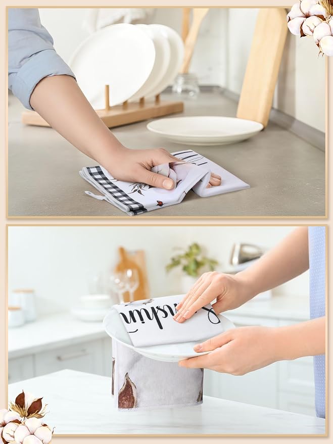 4 Pcs Farmhouse Kitchen Towels Rustic Farm Cotton Hand Dish Towel | Fast Drying Absorbent Black and White Plaid Neutral Decor Housewarming Gift for Home Cooking Kitchen Bathroom