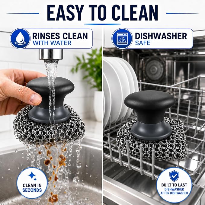 Cast Iron Scrubber and Scraper | 316 Chainmail Scrubber for Cast Iron Pan | Chain Mail Scrubber for Cast Iron Skillet Cleaner | Dishes Pots Wok Griddle Grill | Dish Scouring Pad Dishwasher Safe, Black2