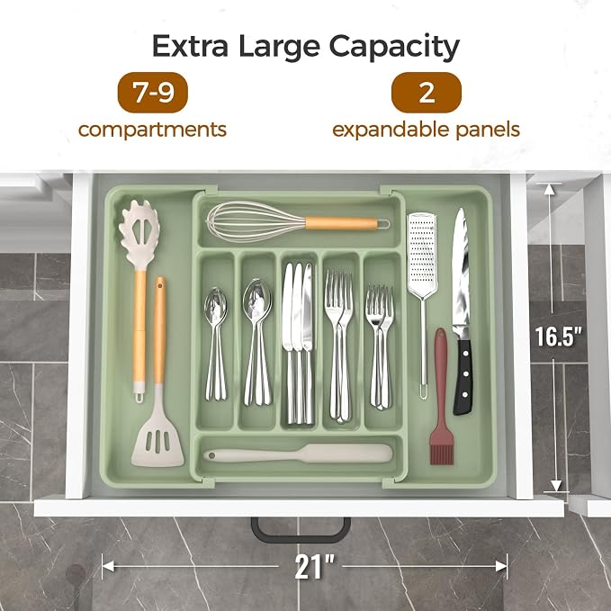 ukeetap Extra Large Expandable Silverware Organizer, Flatware Tray, Green | BPA-Free Food-Safe Kitchen Utensil Cutlery Drawer Organizer, Adjustable Silverware Holder for Spoons Forks Knives