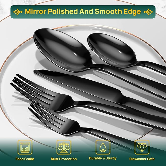 Yoehka 60 Pieces Black Silverware Set, Stainless Steel Flatware Set for 12 | Heavy Duty, Mirror Polished, Includes Knife/Spoon/Fork, For Home, Restaurant, Hotel, Dishwasher Safe