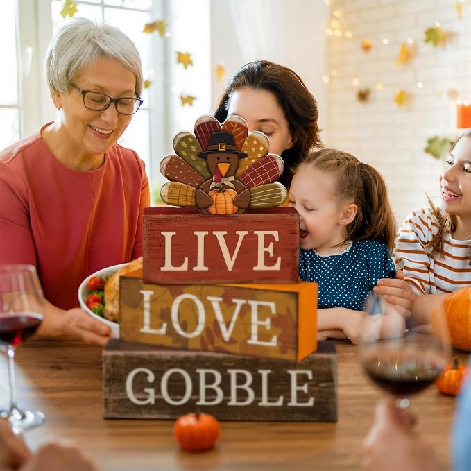Lineshading 4 Pcs Thanksgiving Wooden Block Signs Turkey Tiered Tray Decor | Farmhouse Fall Table Centerpiece, Turkey Topper Sunflower Theme, Stacked Wood Blocks Live Love Gobble for Kitchen Shelf