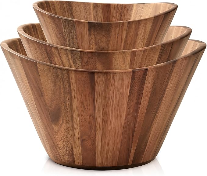 Wooden Salad Bowl Set of 3, Wavy 12" 10" 8" Wood Serving & Mixing Bowls | Handmade and durable with a stylish natural grain; nesting large, medium and small sizes; great for food, fruit and gifts