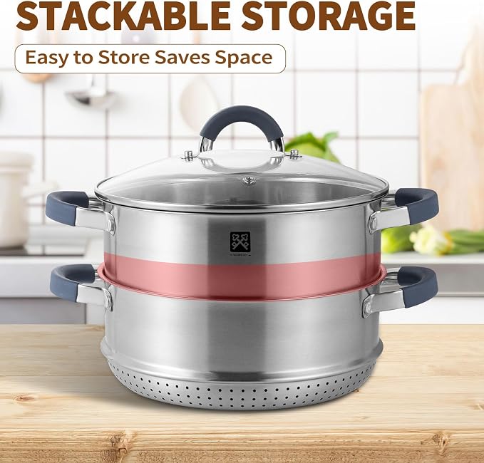 GOLDEN KEY 5.6 QT Steamer Pot with Lid,2-Tier Multipurpose 18/8 Steamer for Cooking with Vegetable Steam Basket for Vegetable,Soup, Seafood,Dumplings,Oven & Dishwasher Safe