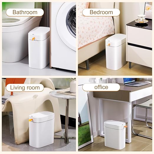 3.5 Gal Rechargeable Motion Sensor Bathroom Trash Can with Lid, Bag Suction | Water-resistant design, automatic liner suction and hands-free opening for bathrooms, bedrooms, kitchens and offices
