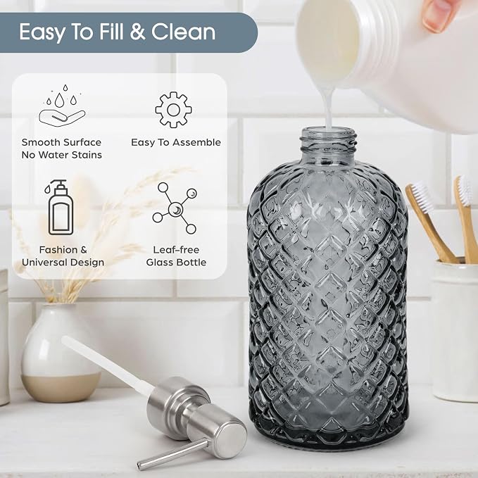Gem-Patterned Glass Soap Dispenser with Rust Proof Stainless Steel Pump-13 oz Liquid Hand Soap Dispenser for Kitchen & Bathroom,Great for Lotions, Essential Oil, Liquid Soaps-Gray
